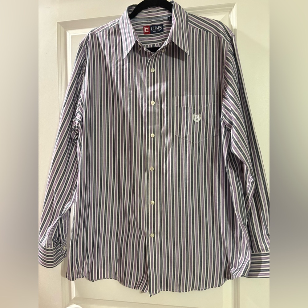 Chaps Men's Large Black and Purple Striped Button-Down Shirt, Business Casual